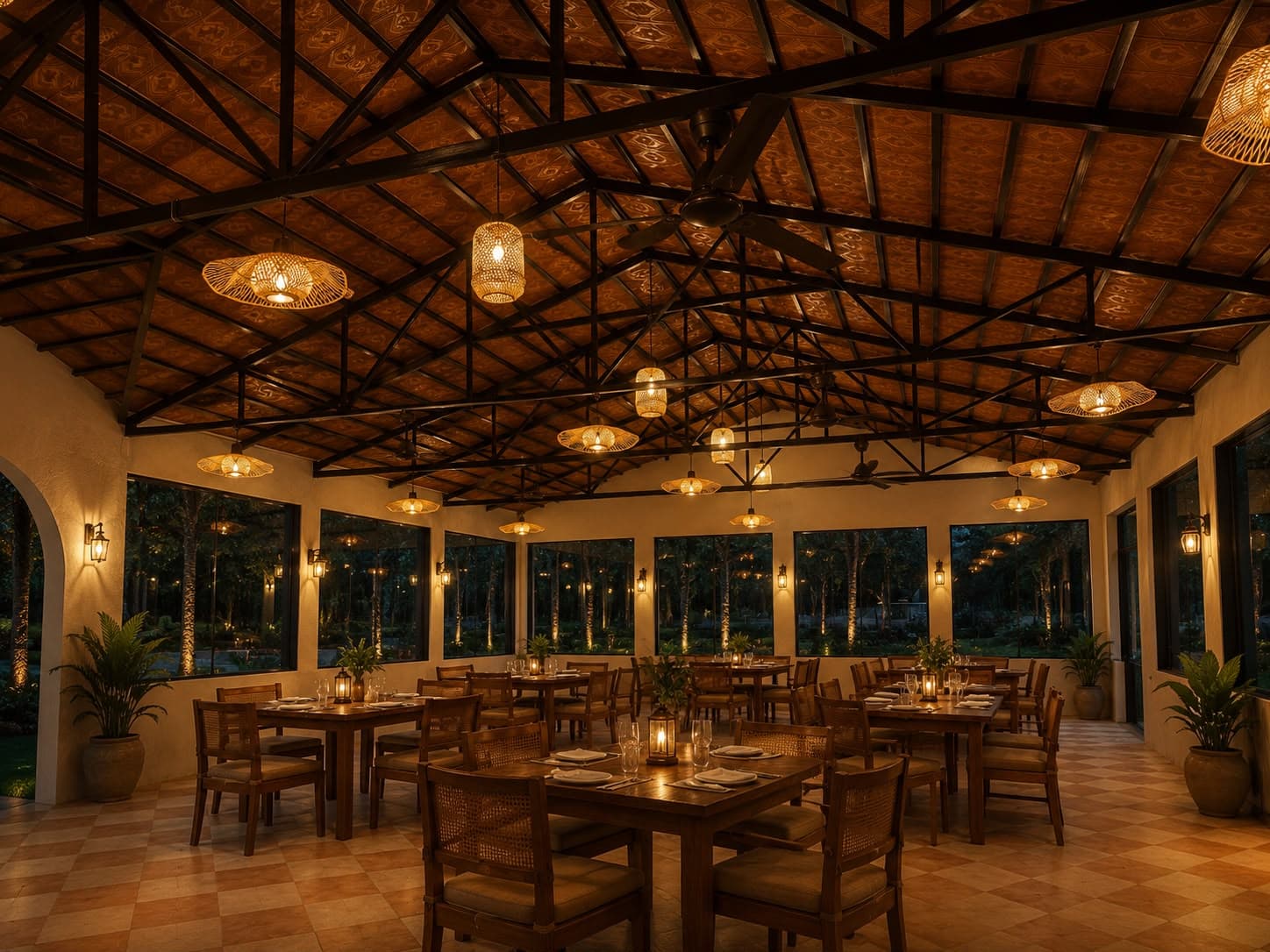 Warm dining hall at Avora Wilderness Resort with timber ceiling and arranged tables