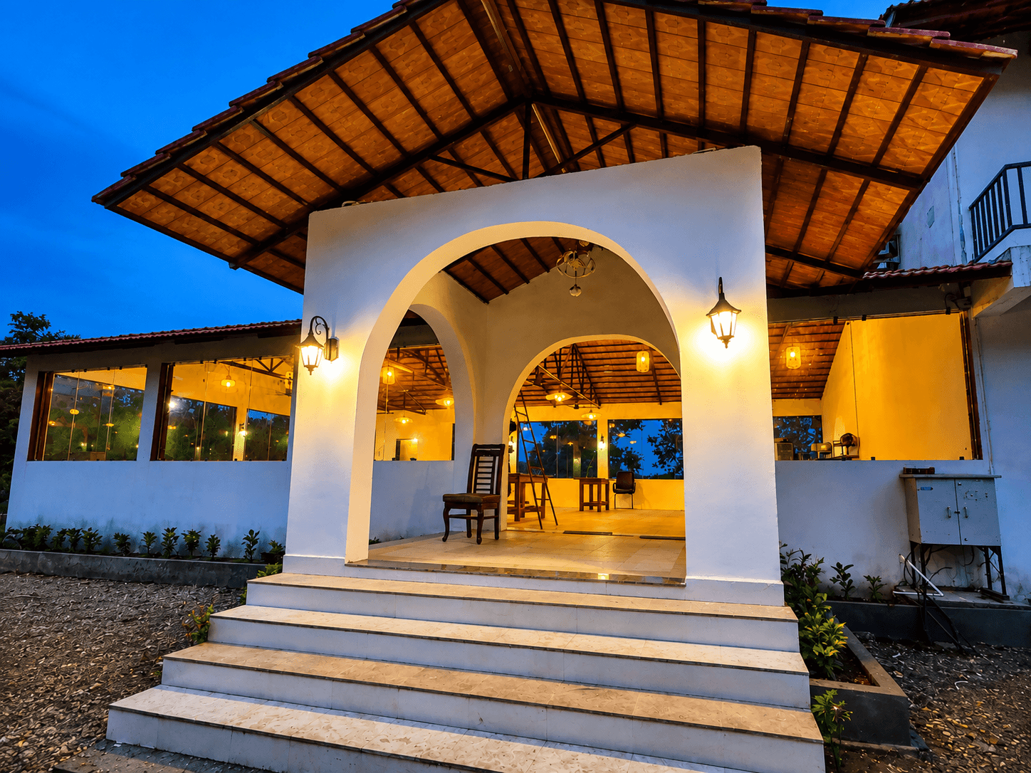 Evening entrance pavilion at Avora Wilderness Resort