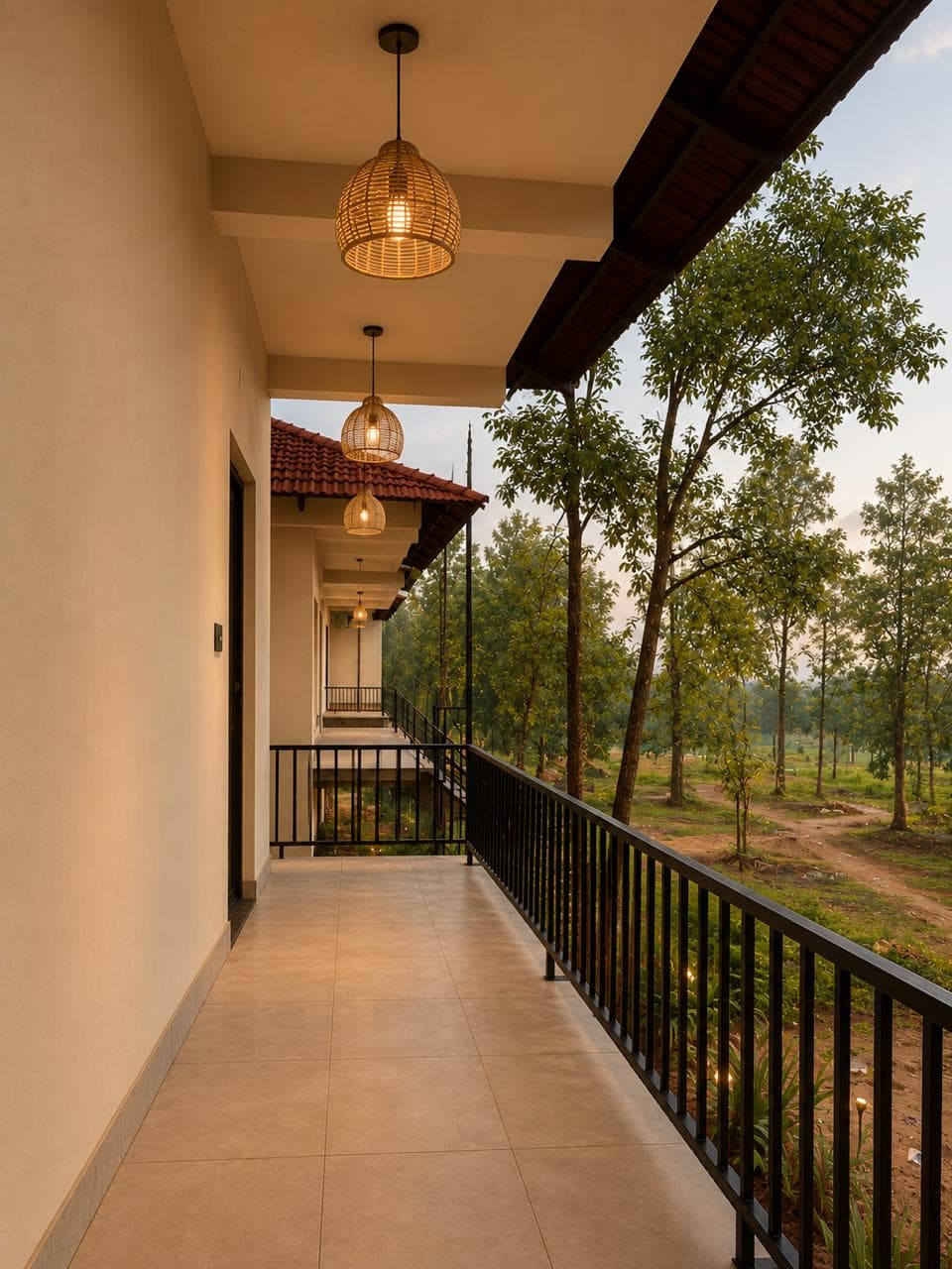 Veranda Room with cane lights facing the forest